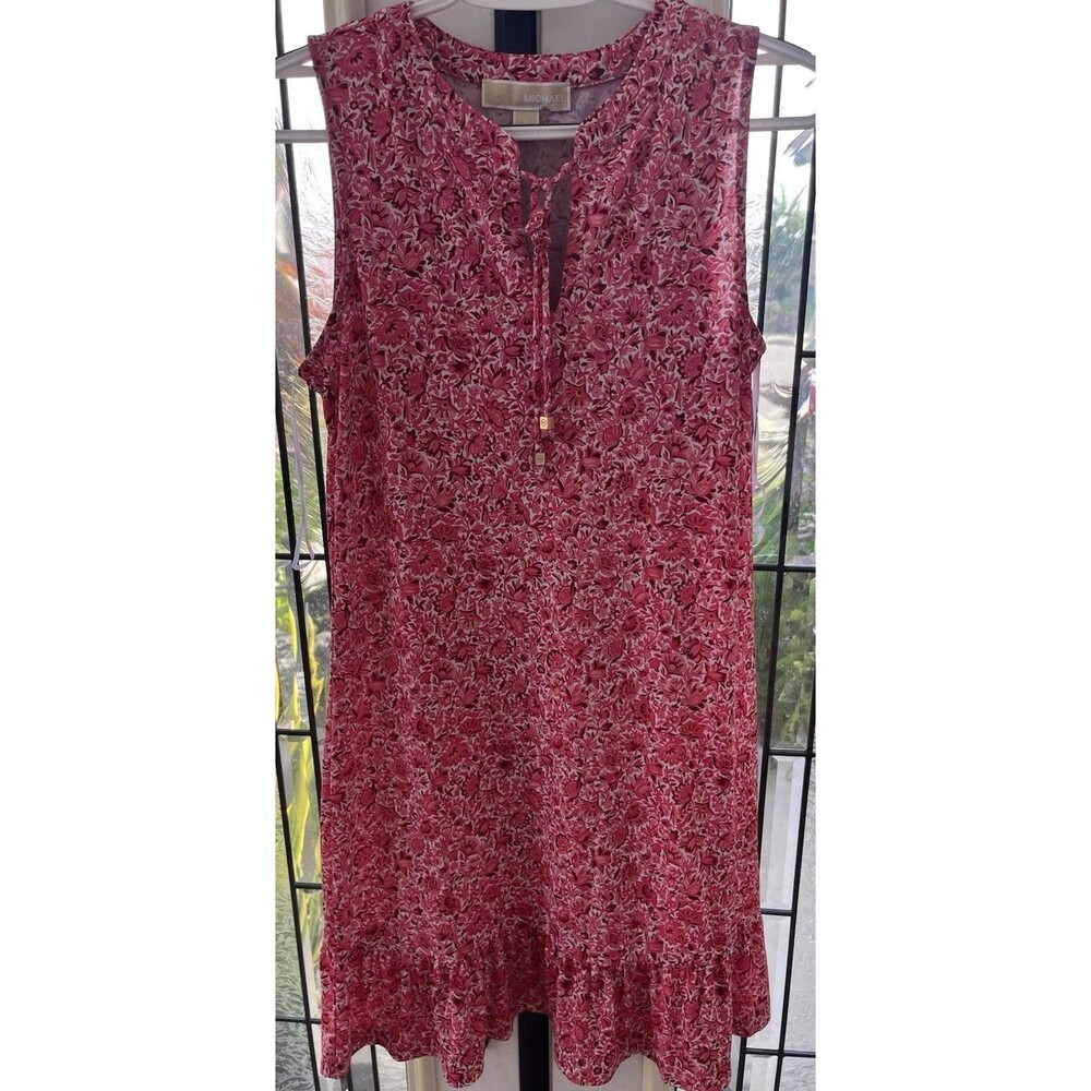 Michael Kors Womens Dress Small Red Floral Midi Sleeveless Tie Logo Cottagecore